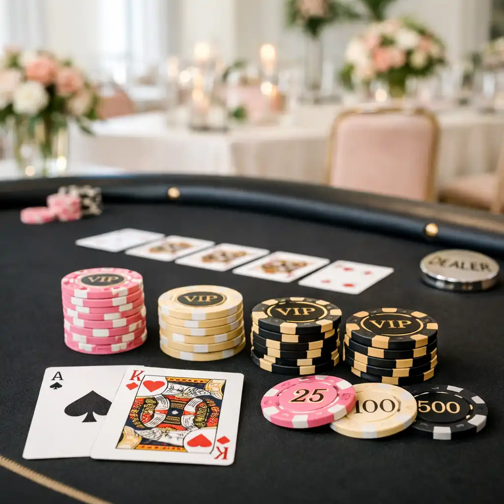 Profesjonalne przygotowanie stołu pokerowego z żetonami i kartami