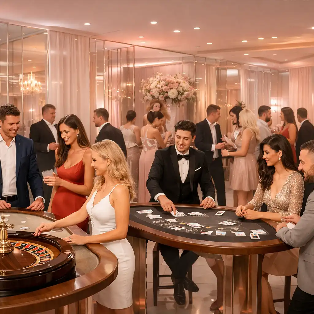 Elegancki stół do ruletki i blackjacka przygotowany na wieczorny event